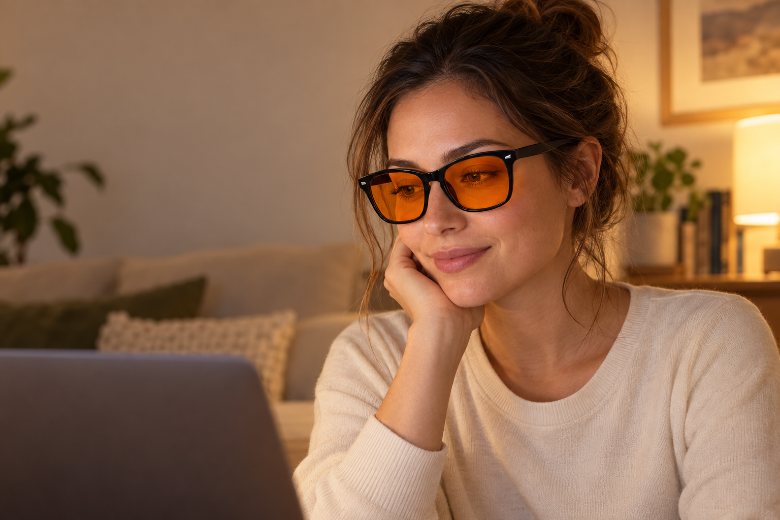 A person wearing amber-lens glasses while using a laptop in a warm evening setting